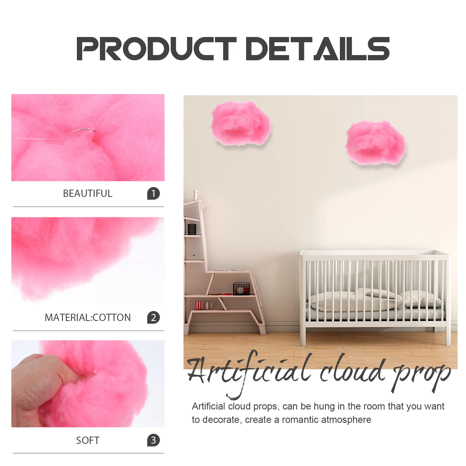 4 Pcs Cloud Nursery Decor Artificial Props Wall for Ceiling Baby Shower Decorations Cotton Hanging 3