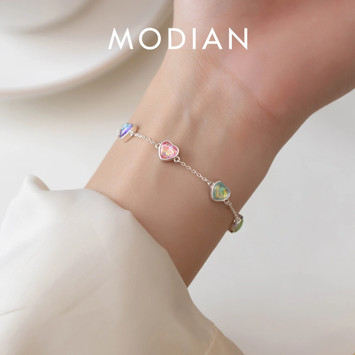 

MODIAN 925 Sterling Silver Heart To Heart Colorful Shining CZ Bracelet Adjustable Chain Link For Women Valentine's Day Gifts