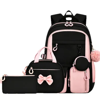 4pcs/set patchwork School Backpack Set Primary Middle bow School Bags for Girls Cute Bookbag Lunch Bag Pencil Bag Large Capacity 1