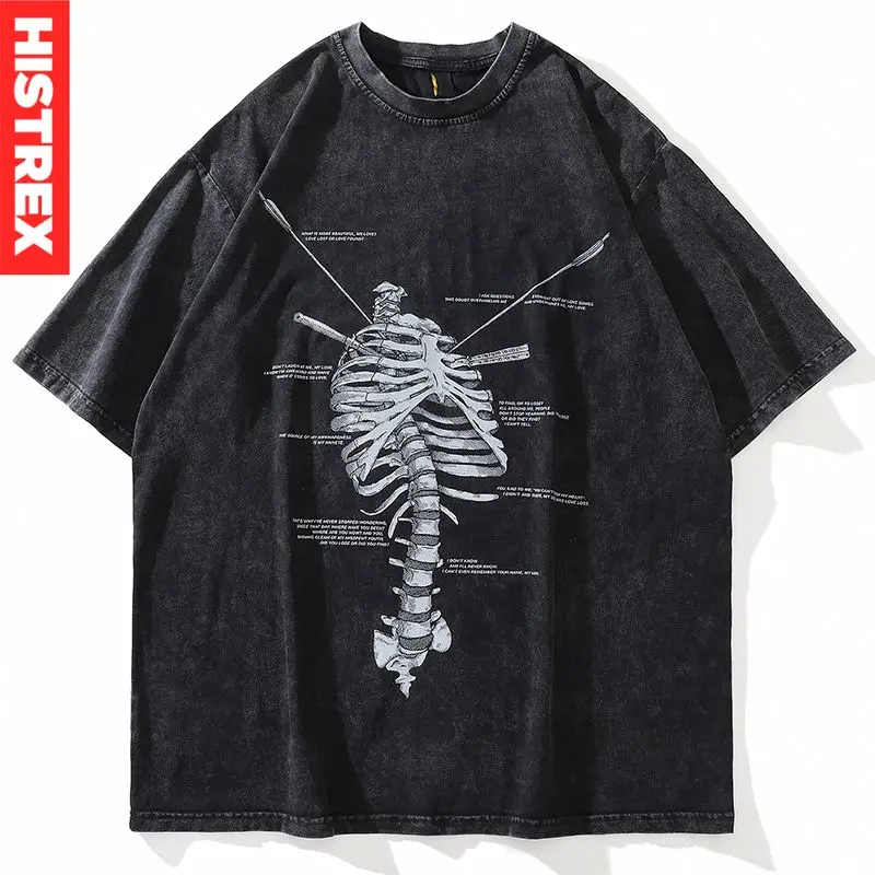

2023 Skeleton T Shirt Men,Hip Hop Skull Vintage Streetwear,100% Cotton Thick Tee,Oversized Y2K Wahsed TShirt,Summer Crewneck Top