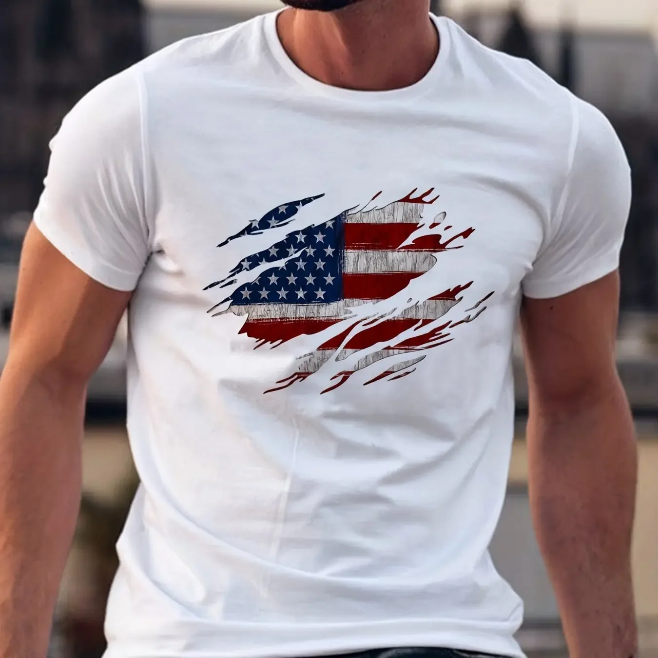 thumbnail image 1 of Camiseta de manga corta con cuello redondo y estampado de bandera estadounidense, informal, holgada, 100 % algodón, para hombre, 1 of 5