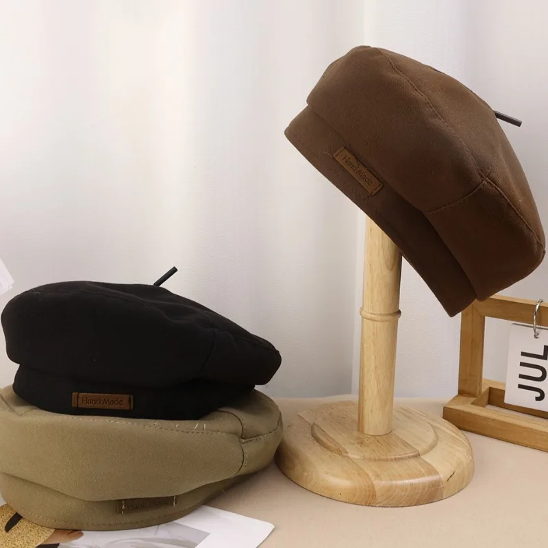Retro Handmade Beret Spring Autumn Women Black Beige Woolen Beret Khaki Brown Painter Hat Female Winter Temperament Sense Cap