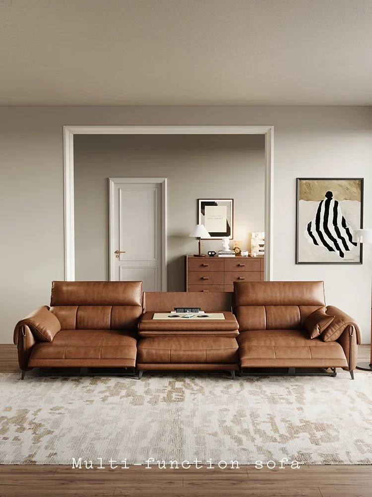 

Minimalist First Layer Cowhide Living Room Small Apartment Three-Seat Straight Row Functional Sofa