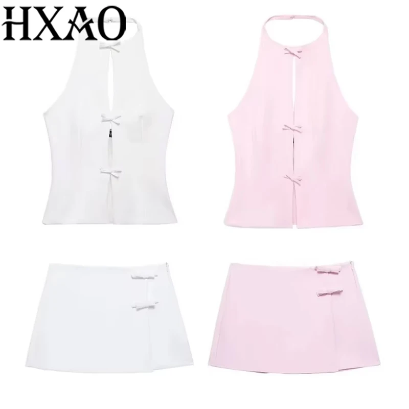 HXAO-Conjunto de dos piezas con lazo para mujer, Top con cuello Halter y espalda descubierta y falda de cintura media, conjunto informal de moda de verano 2024 para oficina