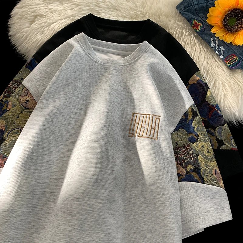 Trendy Bear Embroidery Tshirt Summer Big Size Men Fashion Splicing Tshirts Casual Seven Sleeve T-shirt Man Women Tee Tops sports shirt,printed t shirt