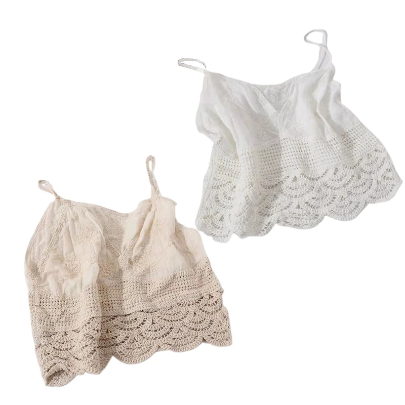 

Women Lace Crop Top Hollow Crochet Wavy Hem V-Neck Beach Vest P8DB