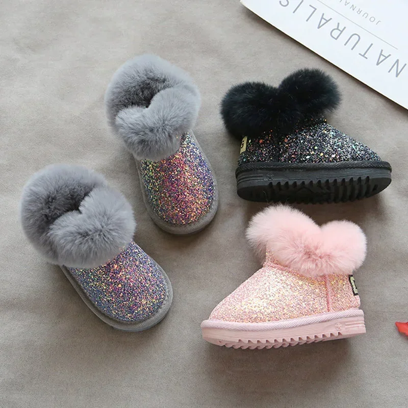 

Детские зимние ботинки, ярко-розовые ботинки для девочек, детская зимняя обувь, теплые плюшевые модные короткие ботинки на платформе, черного и серого цвета