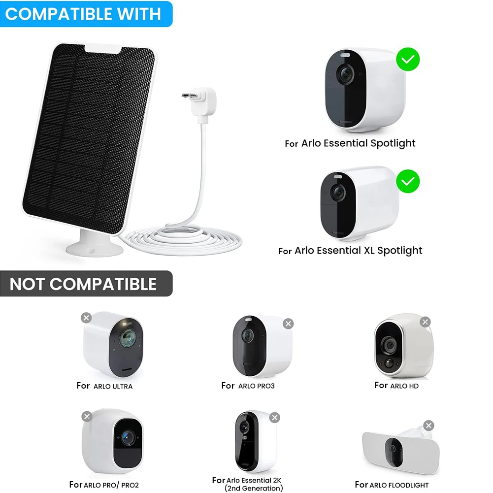 Arlo 에센셜 스포트라이트 카메라용 벽 마운트 태양 전지 패널 충전기 키트, IP65 내후성, 360 ° 조절 가능, 1/3 PCs, 5 W