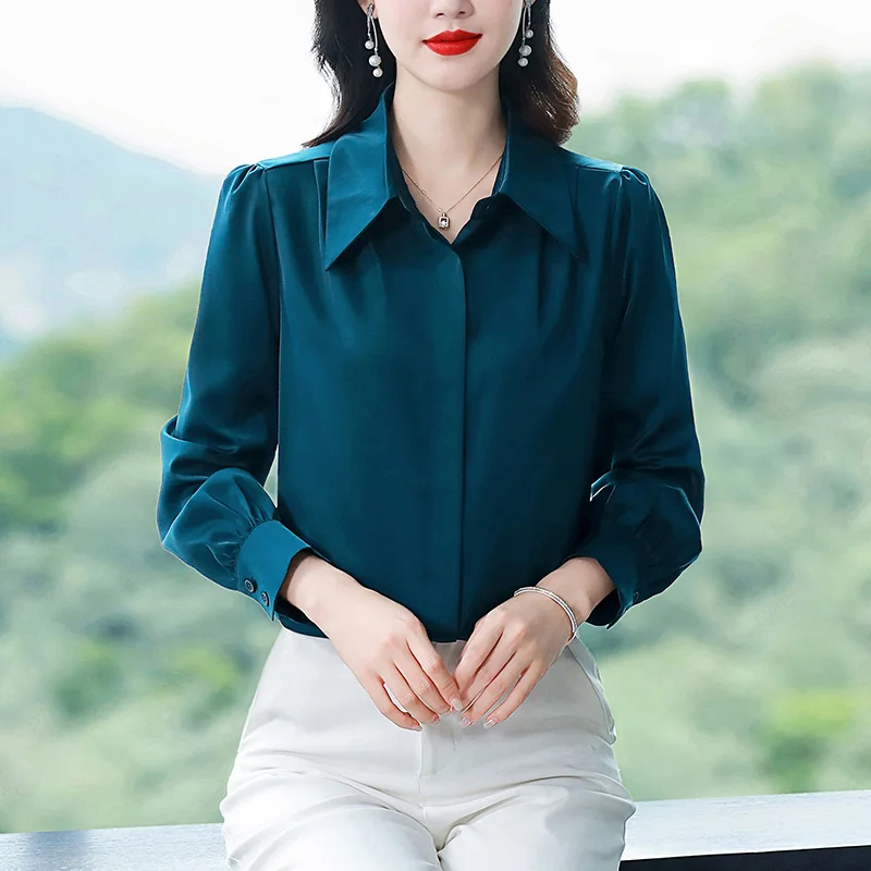 Fashion White Shirt Women Slim Elegant Women's Clothing Long Sleeve BlouseTurn-down Collar Shirts and Blouses Satin Womens Tops