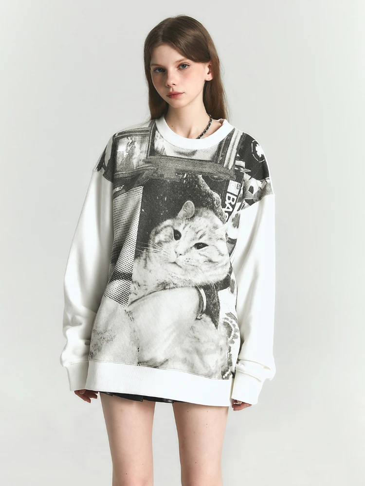 ADAgirl American Retro Cat Print Sweatshirts Low Pixel Kitty Graphic Hoodies Women Long Sleeve Oversize Autumn Aesthetic Clothes