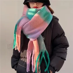 Mohair Color Matching Cashmere Tassel Shawl Lovers Neckband Rainbow Plaid Scarf  Winter Warm Thickened Vintage Accessories