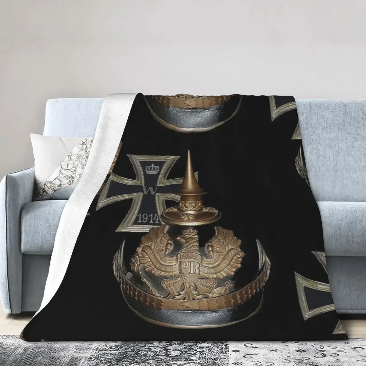 

German WWI Icons.. 1914 Iron Cross And Helmet Blanket Soft Warm Flannel Throw Blanket Bedspread for Bed Picnic Travel Home Couch