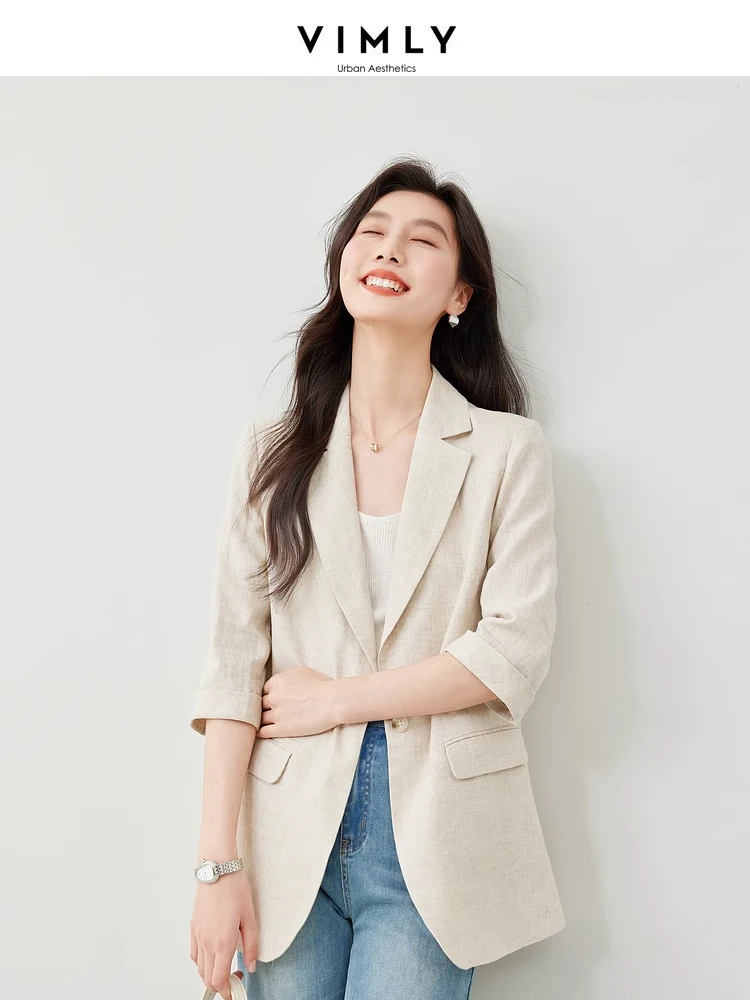 Vimly Apricot Linen Single Breasted Straight Suit Jacket 2024 Spring New Casual Office Lady Three Quarter Sleeve Blazers M6229