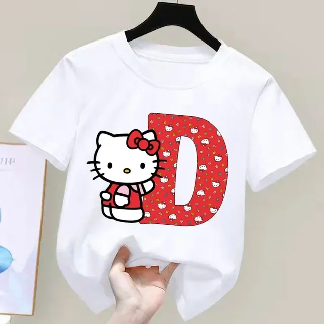 thumbnail image 1 of Camiseta de manga corta de algodón para niños con letras de la A a la Z de Hello Kitty Anime, Sanrio Summer Girly Heart, suave, kawaii, regalo de cumpleaños, camiseta para niños, 1 of 5