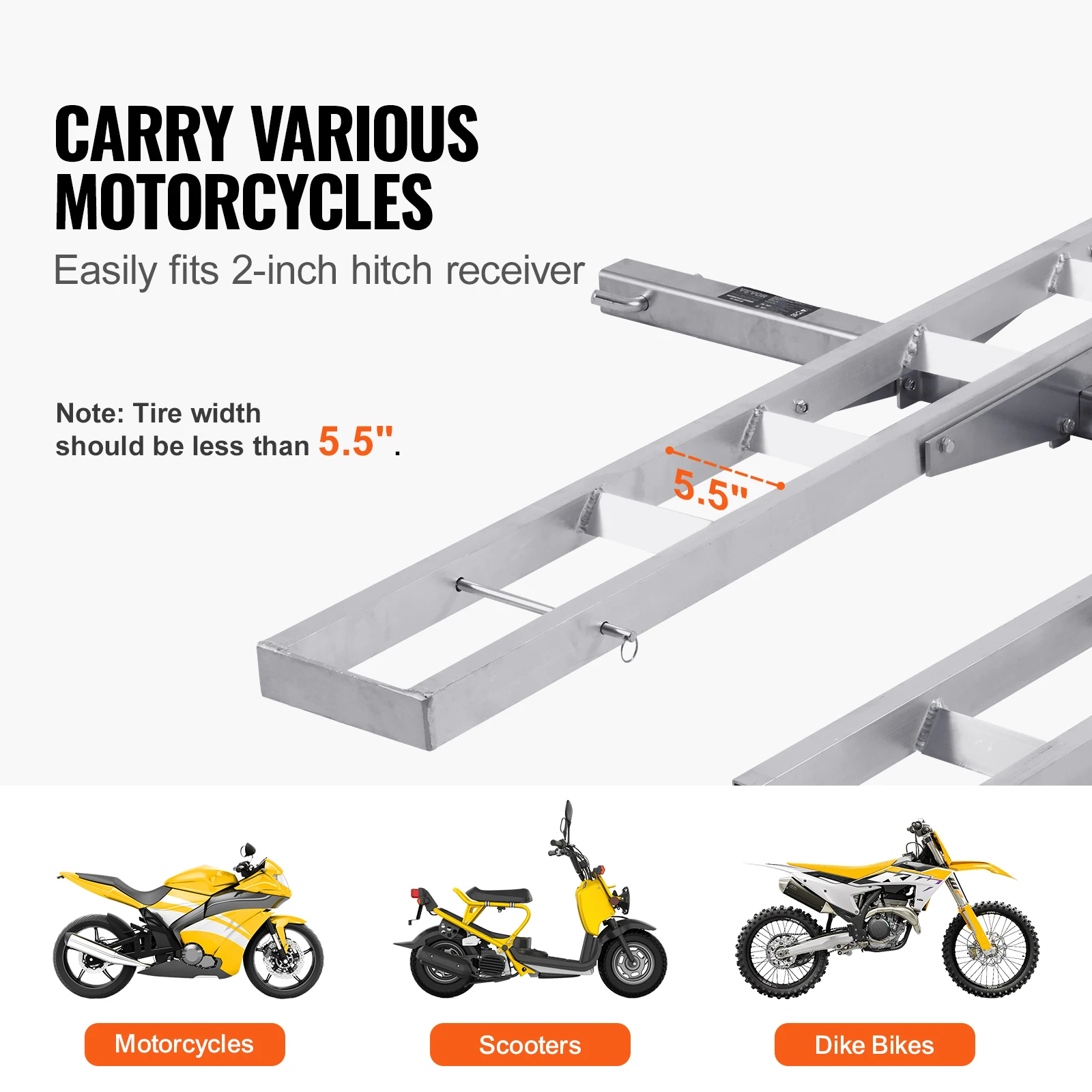 VEVOR 600 LBS Aluminum Motorcycle Carrier Hitch Mount Loading Ramp for Car Truck with 2" Hitch Receiver
