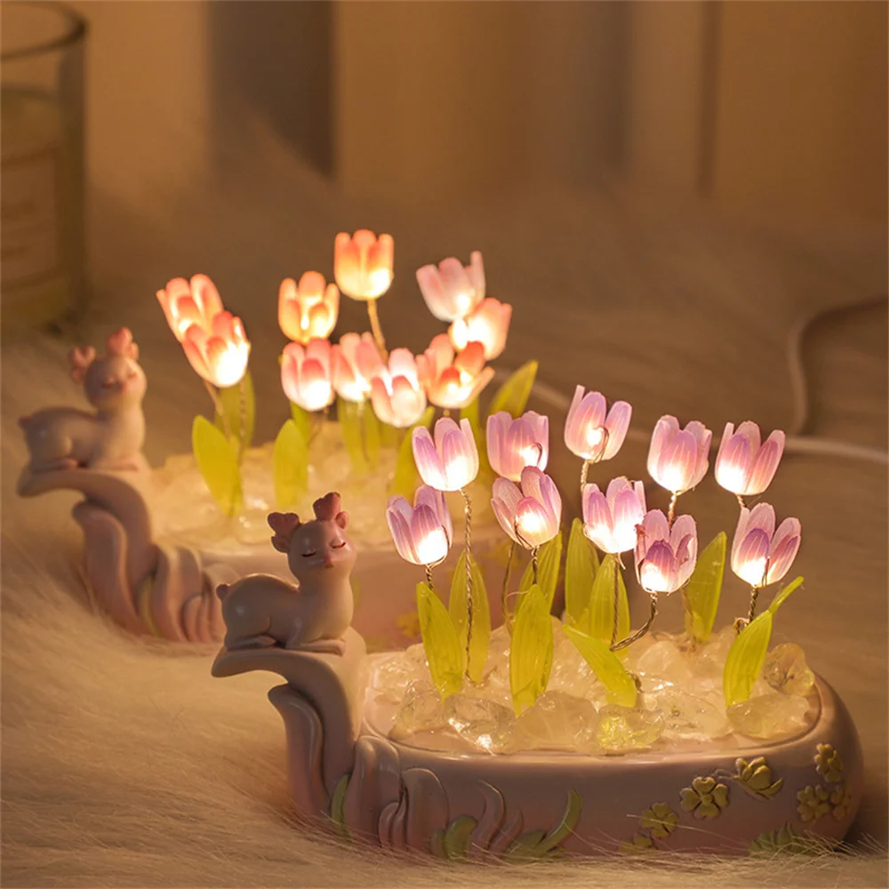 

Deer Handmade Artificial Flower Tulip Night Light DIY Material Bedside Sleep Light Home Ornament Girlfriend Birthday Gift
