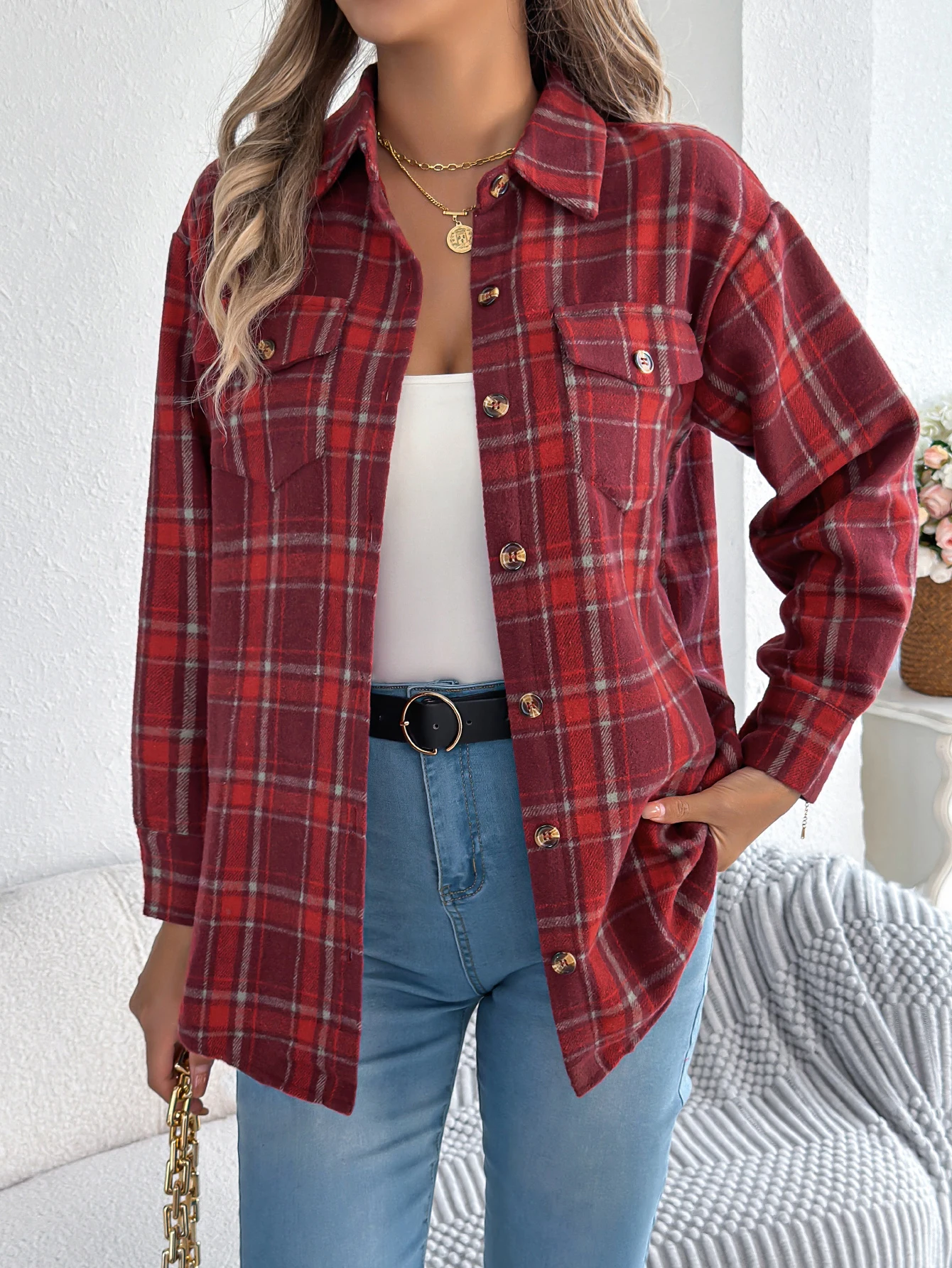 Womens Woolen Plaid Long Sleeved Jacket