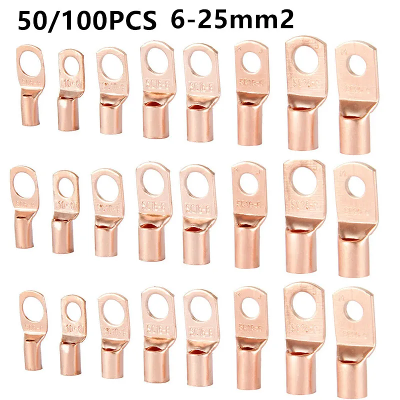 

50/100pcs Copper Lug Ring Car Wire Connector Bare Cable Electric Crimp Terminals SC6-6 SC6-8 SC10-6 SC10-8 SC16-6 SC16-8 SC25-6
