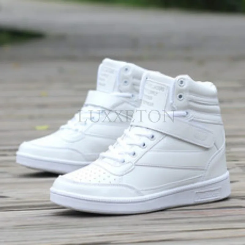 

2023 Woman Breathable High Top Black White Boots Shoes Women Casual Sport Shoes Platform Hidden Increasing Sneakers Leather Shoe