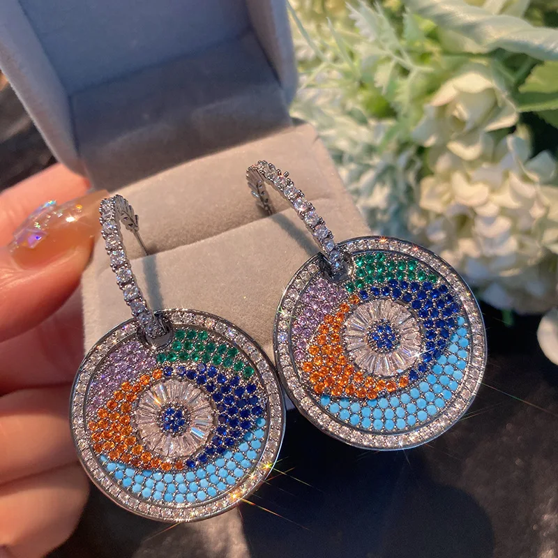 

2023 New Luxury Full Zircon Eyes Round Pendant Earrings Women's Ladies Trend Modern Partydress Dailry Turkish India Jewelry Gift