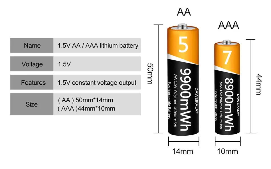 USB, longa vida útil, AA, AAA, 1.5V, 9900mWh, 100% Original