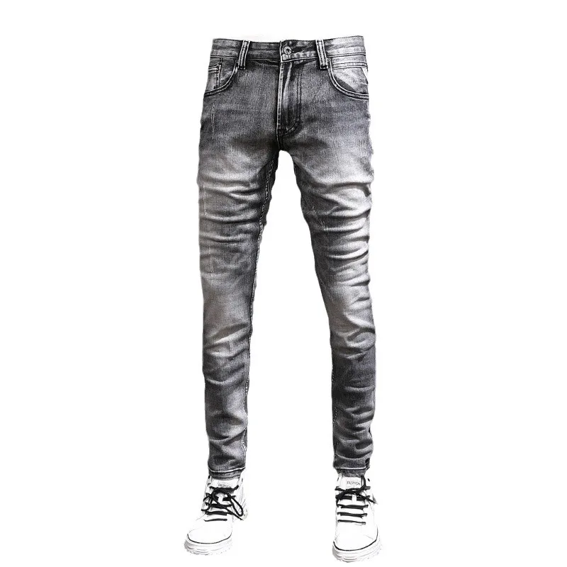 Fashion Designer Men Jeans High Quality Retro Black Gray Elastic Slim Fit Ripped Jeans Men Trendy Trousers Vintage Denim Pants