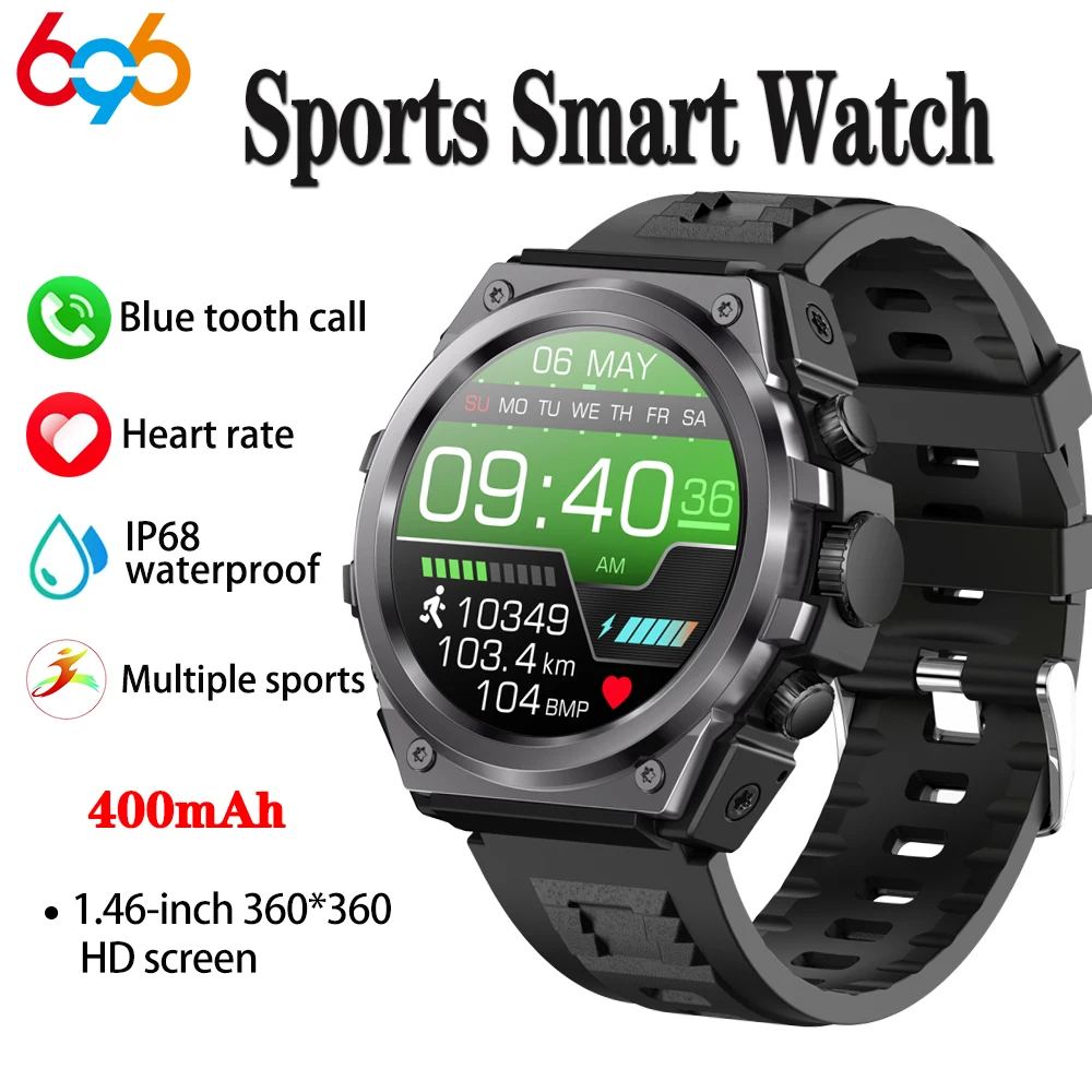 

Outdoors Sports Men Fitness 1.46" Heart Rate Health Smartwatch Blue Tooth Call 400Mah Battery IP68 Waterproof Music Smart Watch