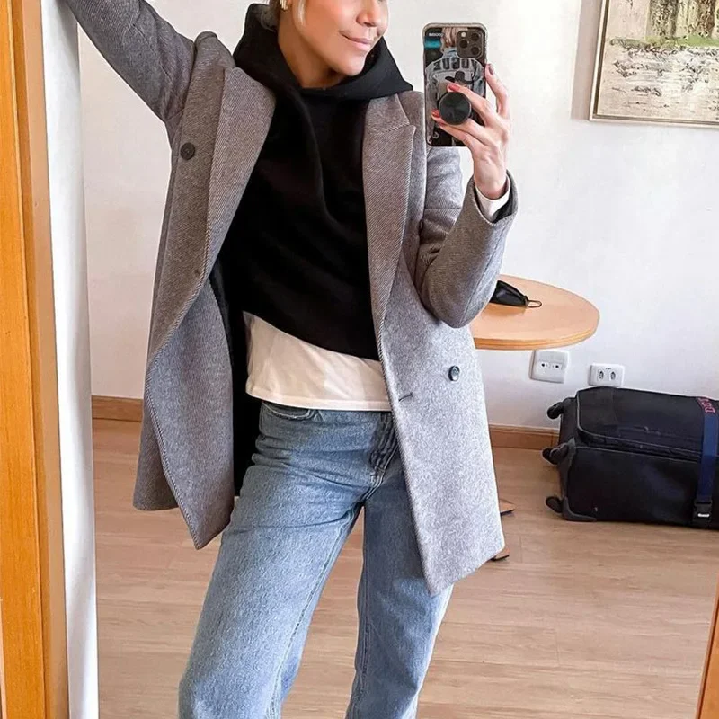 Fall/Winter Women's Pure Color Elegant Fashion 2024 New Casual Suit Collar Mid-length Office Loose Temperament Woolen Jacket