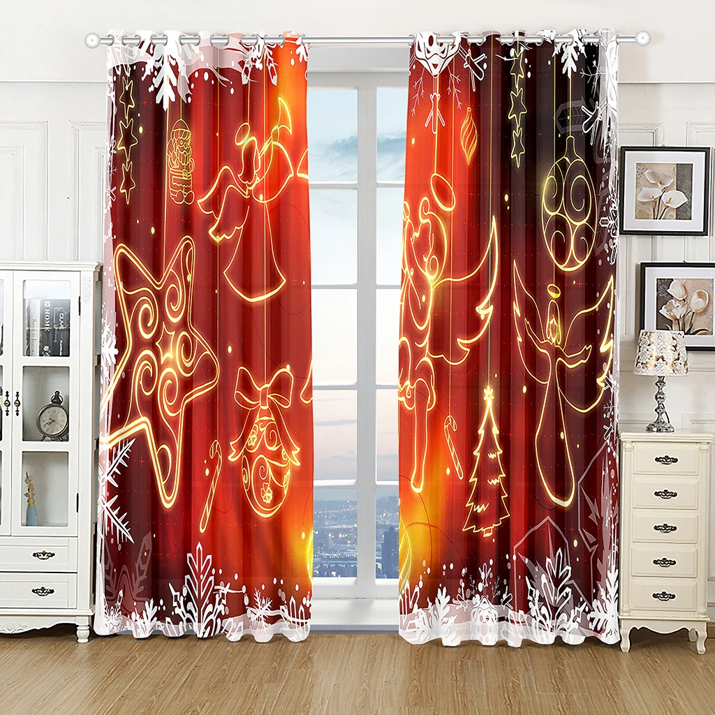 

Cartoon Christmas Happy New Year String Light Kid's Window Curtains Blinds for Living Room Bedroom Kitchen Door Home Decor 2Pcs