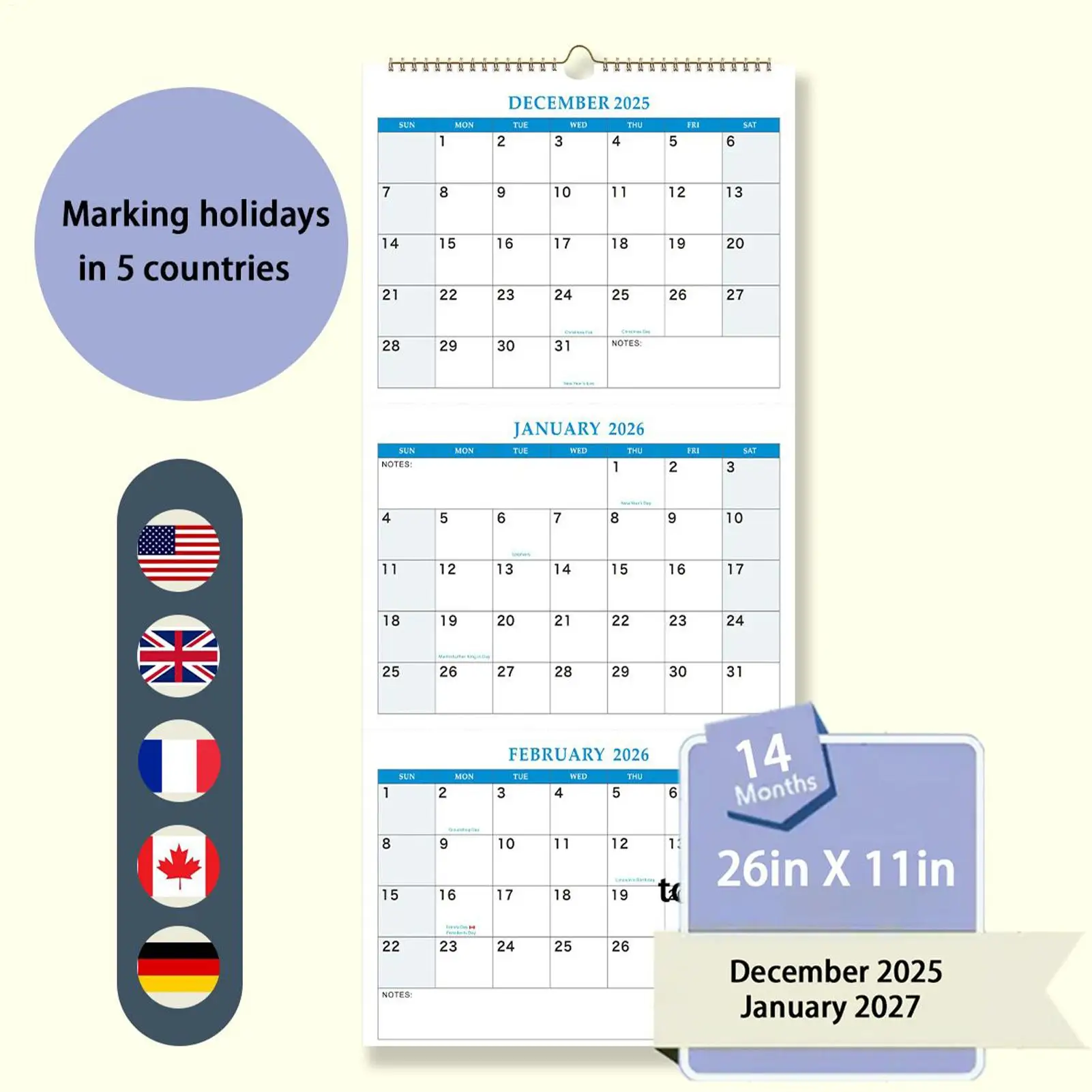 Large 2026 Wall Calendar with 3-Month View for Home and Office Organization
