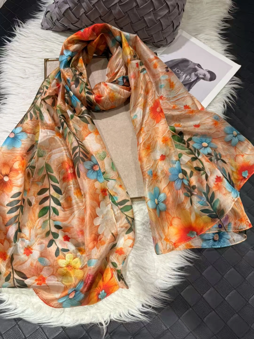 Elegant Orange and Blue 100% Mulberry Silk Floral Scarf - Versatile Summer Wrap/Shawl