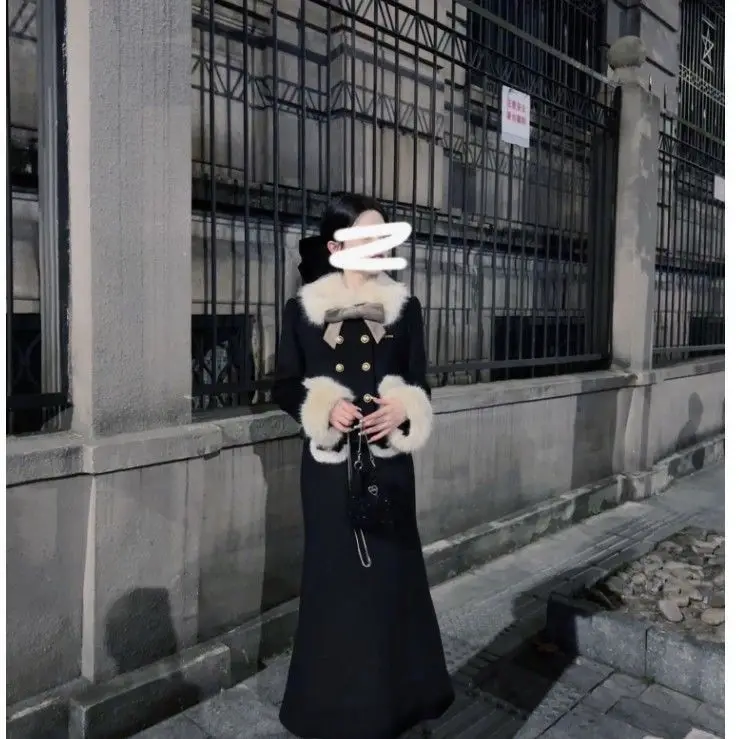 

Черное осенне-зимнее французское шикарное длинное платье UNXX Rich Girl, пальто с меховым воротником, облегающее длинное платье, комплект из 2 предметов, высококачественный костюм
