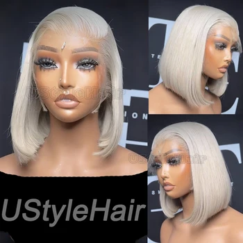 Platinum Blonde Bob Wig 13x4 Lace Front Synthetic Wigs for Women Short Straight Glueless Natural Hairline Daily Wear Cosplay
