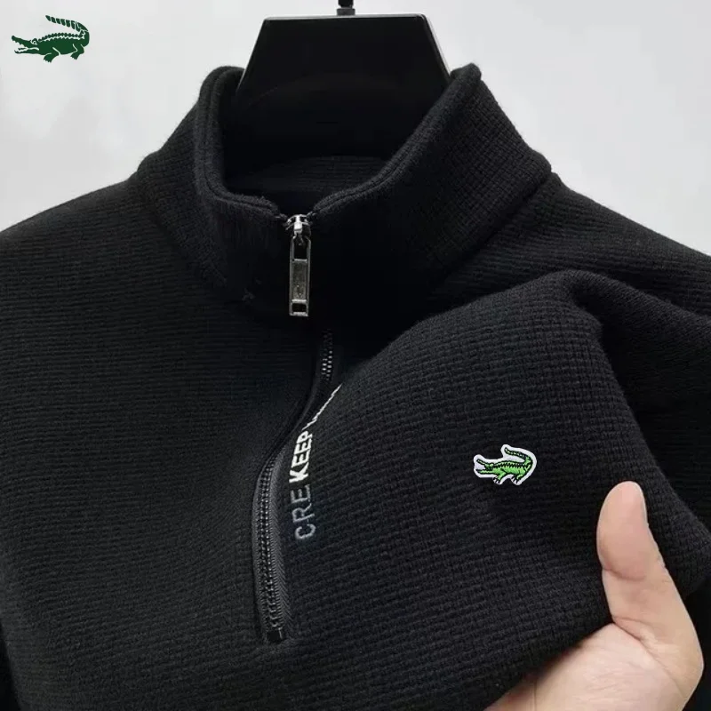 

Embroidered brand men's high-end jacket, autumn and winter plush thick long sleeved standing collar bottom top, hooded jacket