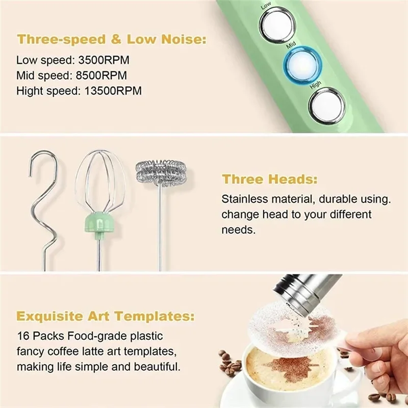Description Picture 5 of item3 In 1 Electric Milk Frother Rechargeable Milk Foam Maker Handheld Foamer High Speeds Milk Frother Drink Mixer Coffee