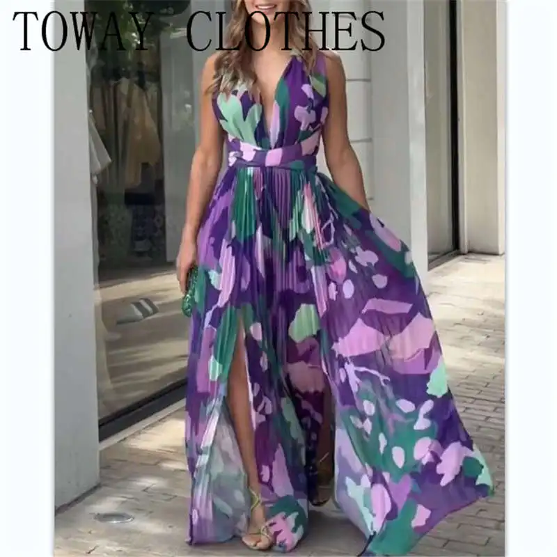 

Dress For Women Summer Sexy Floral Print Plunge Backless Lace-up Sleeveless Slit Maxi Dress