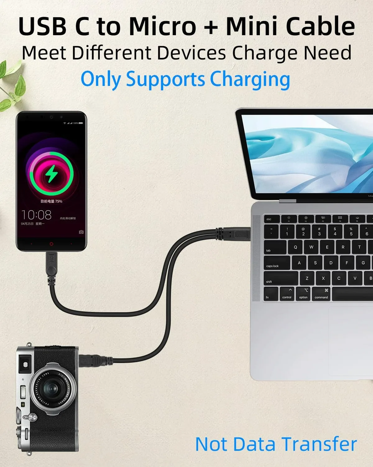 Compact USB-C Y Splitter Charging Cable - 2-in-1 Type C to Mini Micro Charge Cord