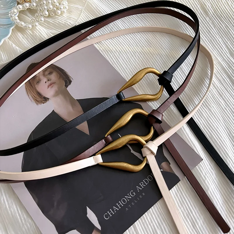 

New Thin PU Leather Women's Belt Irregular Bronze Metal Buckle Slim Body Waist Belt Dress Shirt Decor Straps Waistband