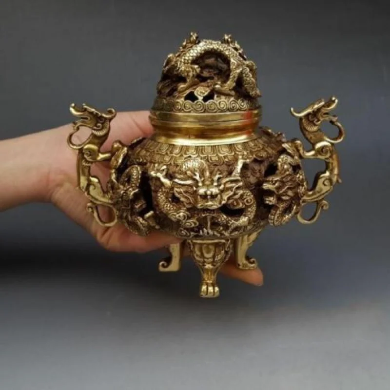 

Курильница с медным покрытием, горелка для благовоний под золото 9 драконов, 7 дюймов, китайская статуя