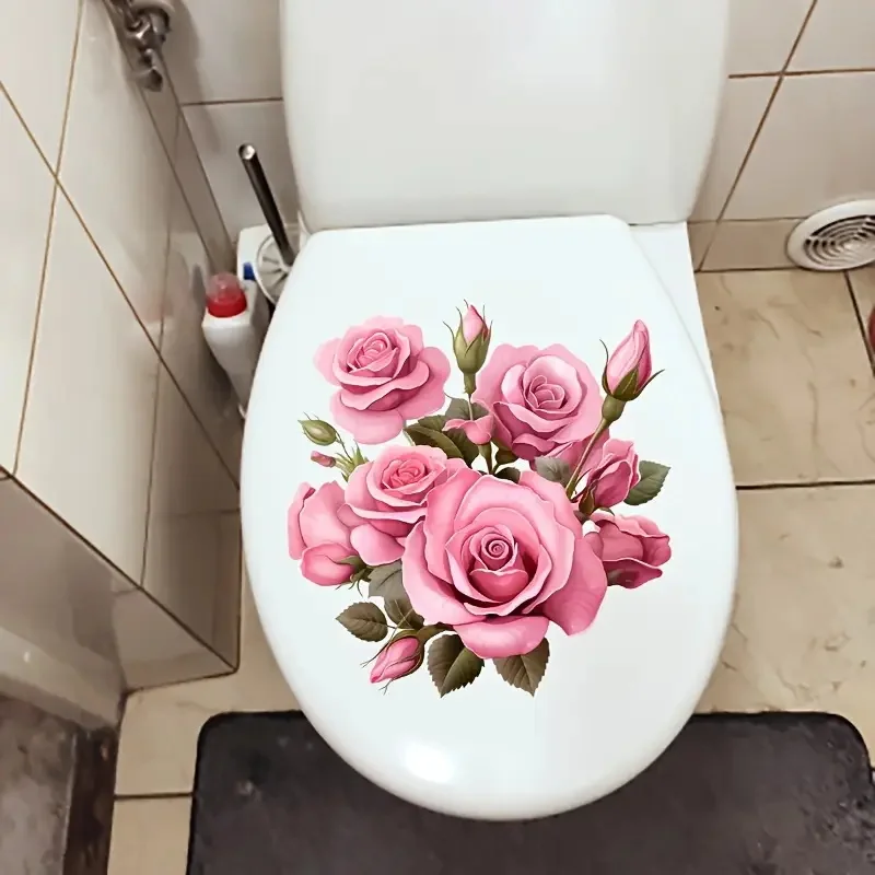 Waterproof Pink Roses Bouquet Creative Decal Reusable PVC Sticker for Toilet Lid Bathroom Decor toilet stickers toilet wall stickers toilet seat stickers