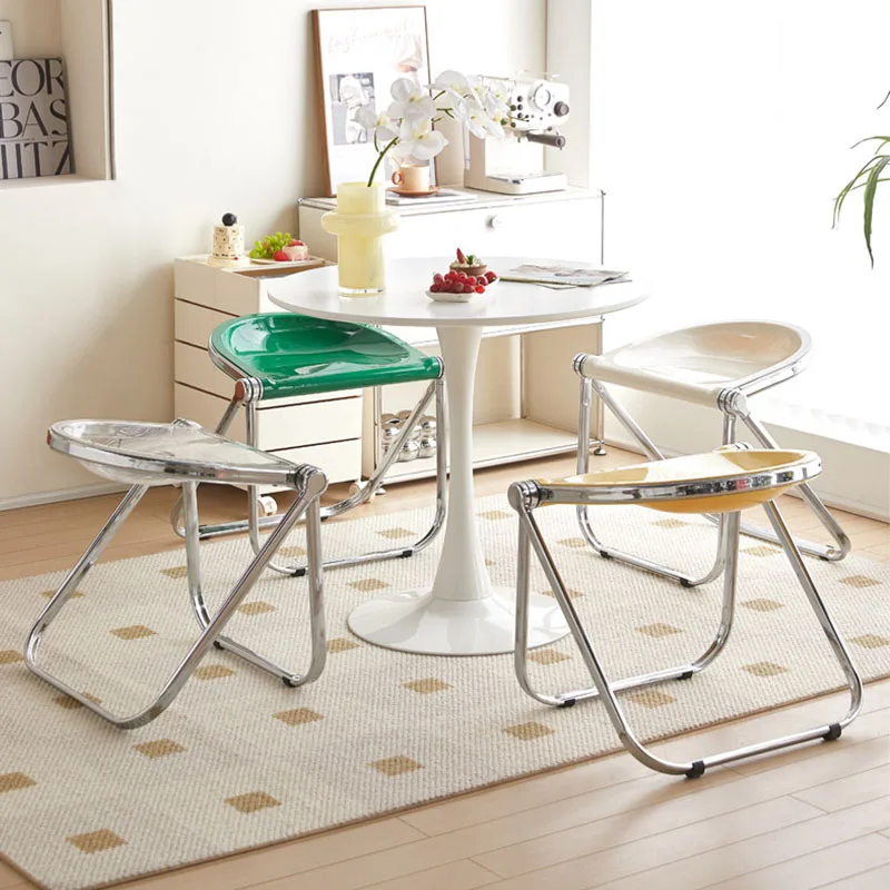 Transparent Metal Foldable Chair Acrylic Stackable Clear Stool For Household Leisure Dining Chair Bedroom Living Room Supplies