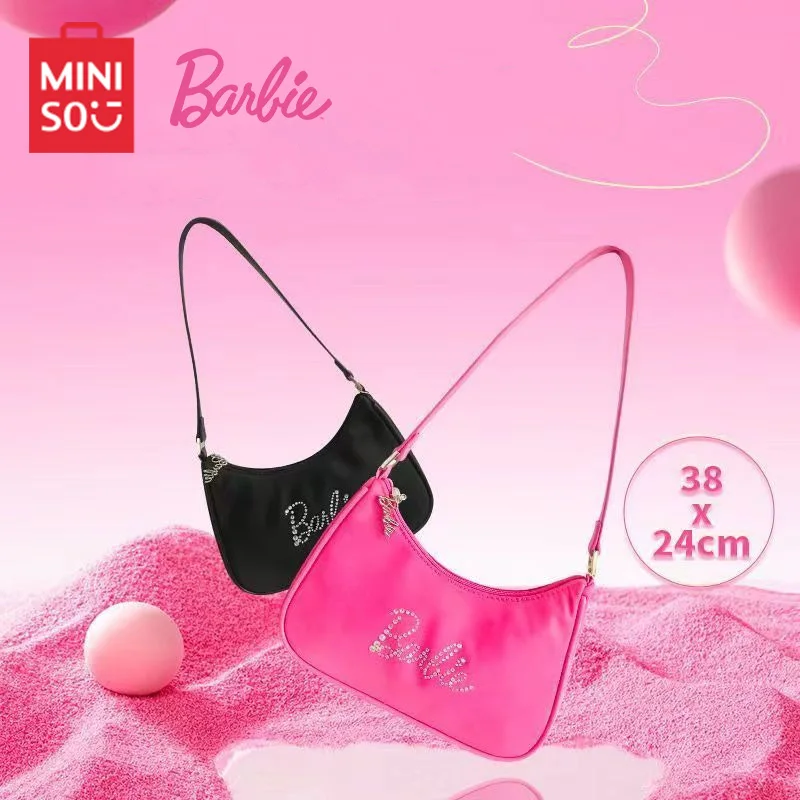 Miniso Barbie Bags Series Kawaii Pink Fashion Rose Pink Tote Bags Y2K Style Underarm Bag Borse A Tracolla In Nylon Donna Regali Alla Moda