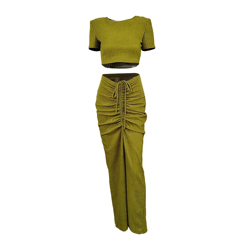 Pit-stripe Short T-Shirt Women Solid Color Two Piece Sets Drawstring Lace-up High Waist Floor Length Skirt Slim Fit Female Suits