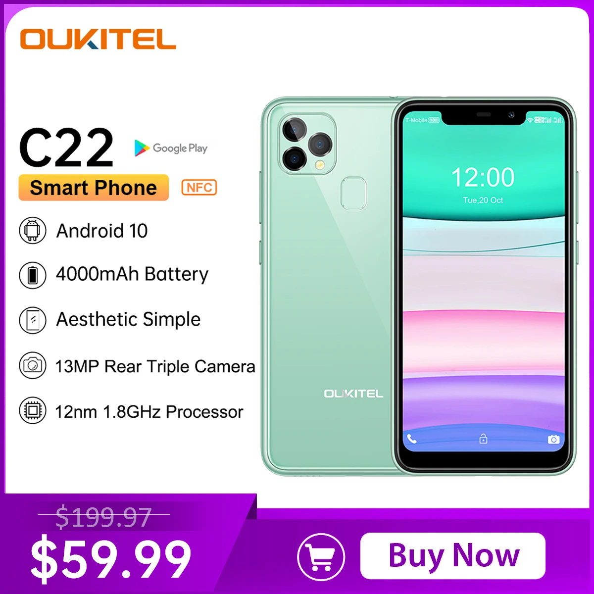 

OUKITEL C22 Smartphone 4GB 128GB 4000mAh Quad Core 5.85"HD+ Mobile Phone 13MP Triple Camera 2.5D 1.8Ghz Celular Cell Phone