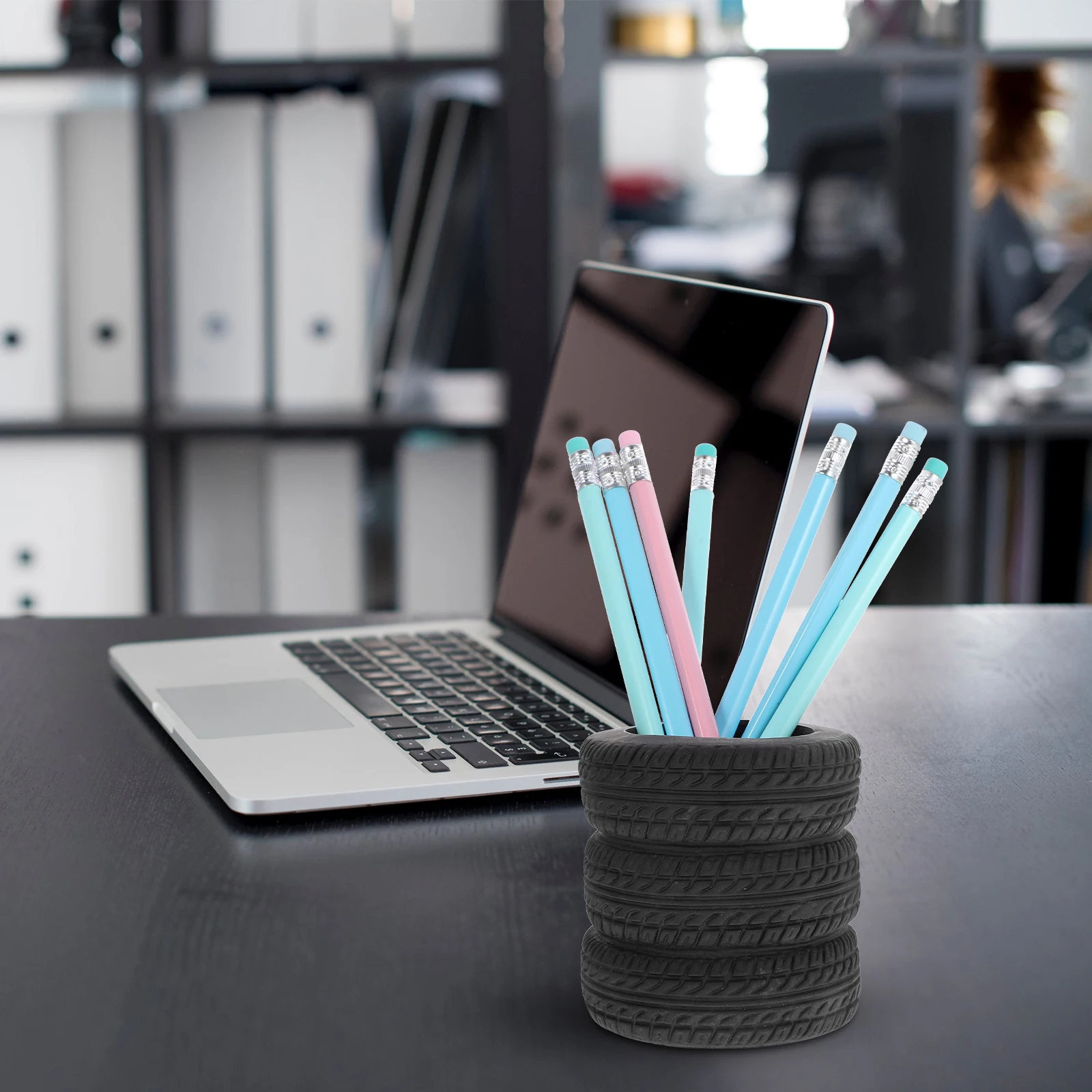 Pen Holder Desk Pen Holder Pen Storage Container Office Tabletop Holder Car Tire Shape Storage Bucket Organizer Office BLACK
