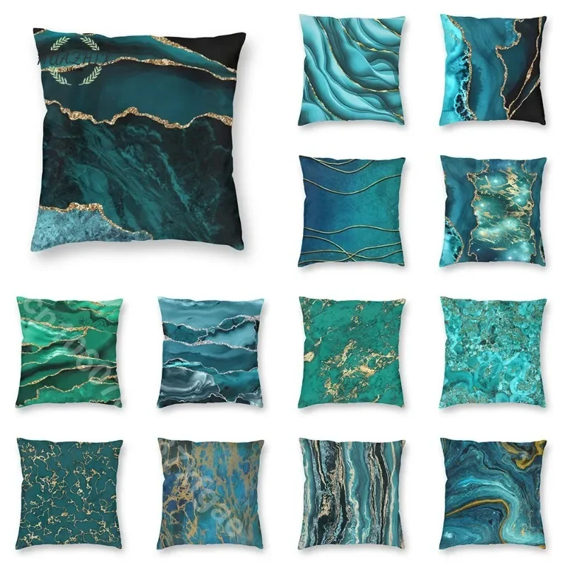 

Abstract Turquoise Aqua Blue Marble Pillowcase Gilded Pattern Cushion Pillow Cover Home Living Room Sofa Decorative Pillow Case