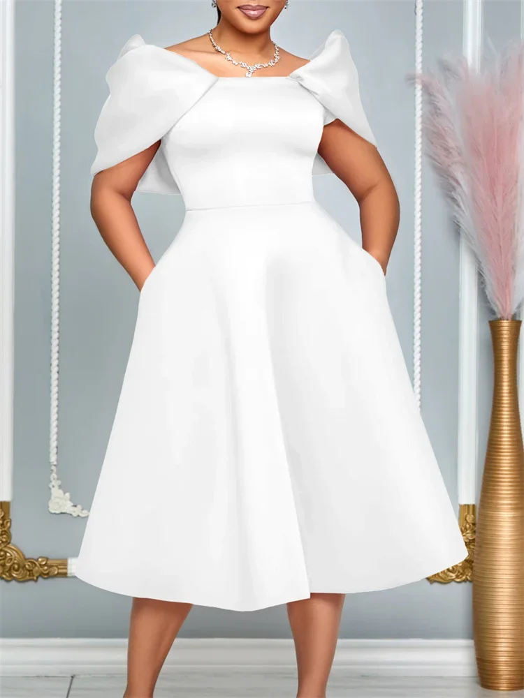 Wmstar Women Dress Summer Fashion Solid Color Sexy Short Sleeve O Neck Gown Formal Knee Length Ladies Evening Banquet Dresses