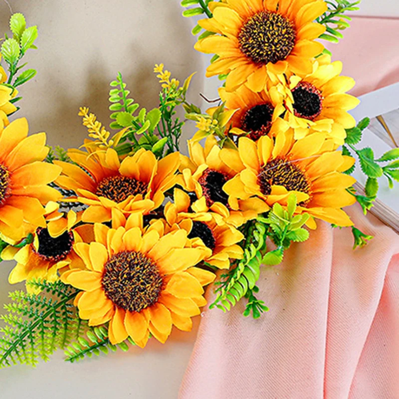 Artificial Sunflowers Wreath Door Hanging Flower Wreath Yellow Sunflower Green Leaves Wall Window Home Party Decor