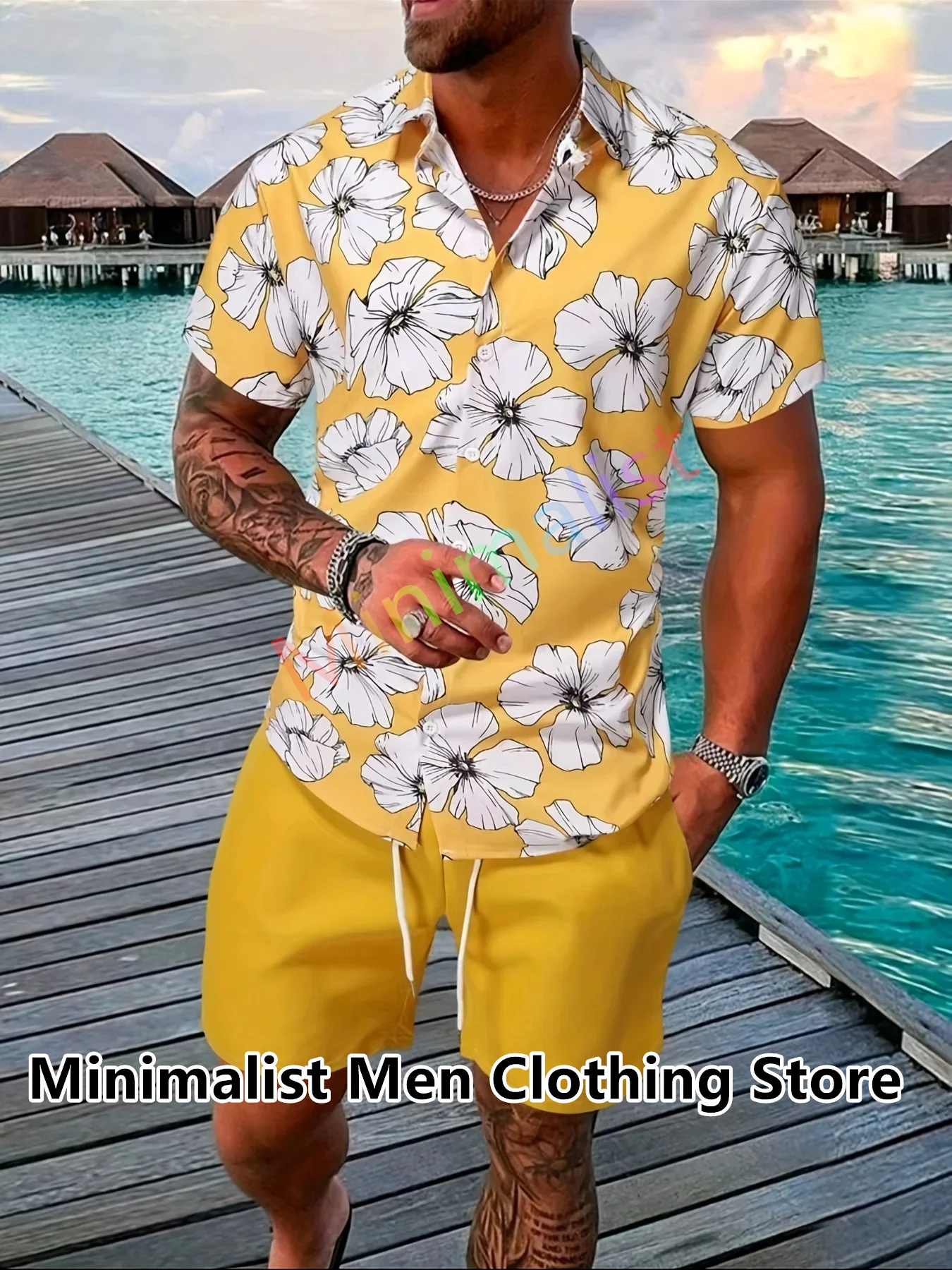2024 Men's Sportswear 2 Piece Casual Beach Style Polo Shirt Short Sleeve Button Up T-shirt and Shorts Casual Men's Shirt Suit