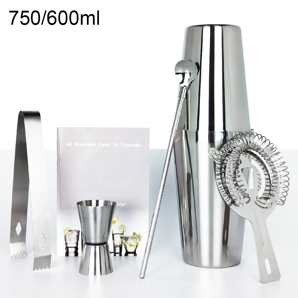 6 Piece 750/600ml Boston Cocktail Shaker Set Bartender Kit Shakers with Recipe Jigger Ice Tongs Strainer Straw Spoon cocktail shaker